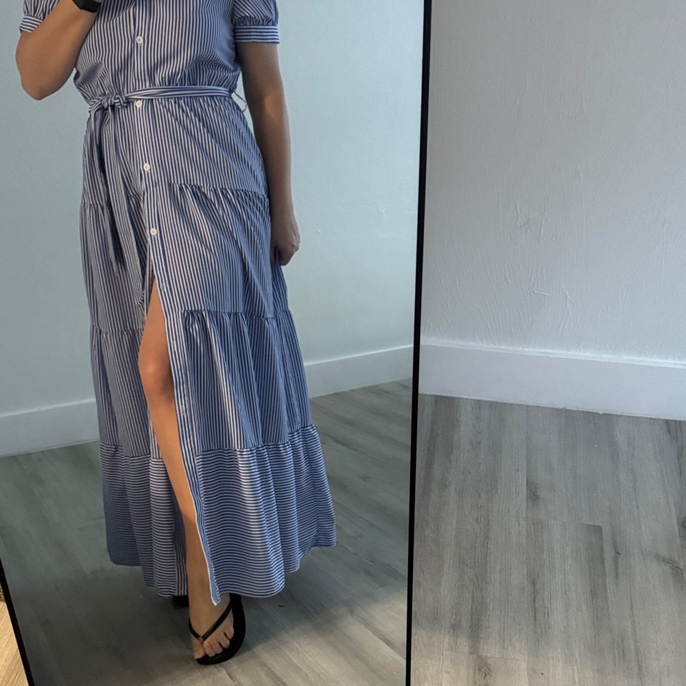 Striped Blue Maxi Dress with Tie Waist - Picture 2 of 2